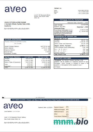 Australia Bank Aveo wyciąg z kredytu hipotecznego szablon Word i PDF